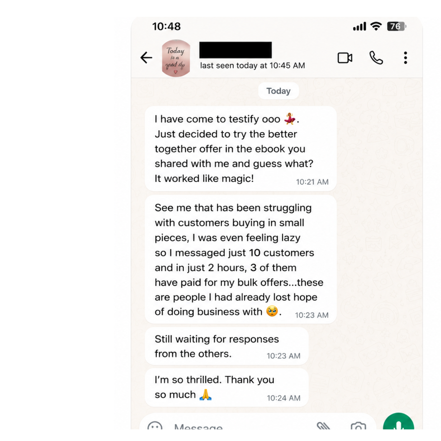 WhatsApp testimonial showing a customer successfully applying the Better Together offer