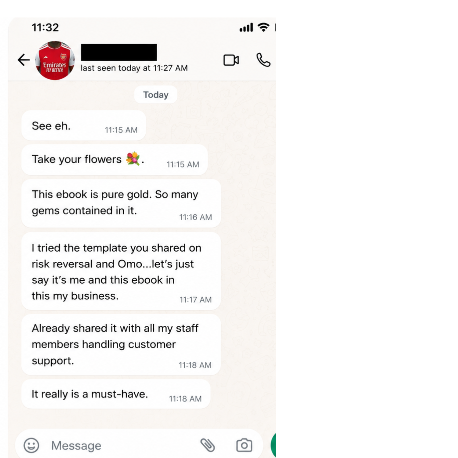 WhatsApp testimonial praising the sales recovery ebook and risk-reversal template